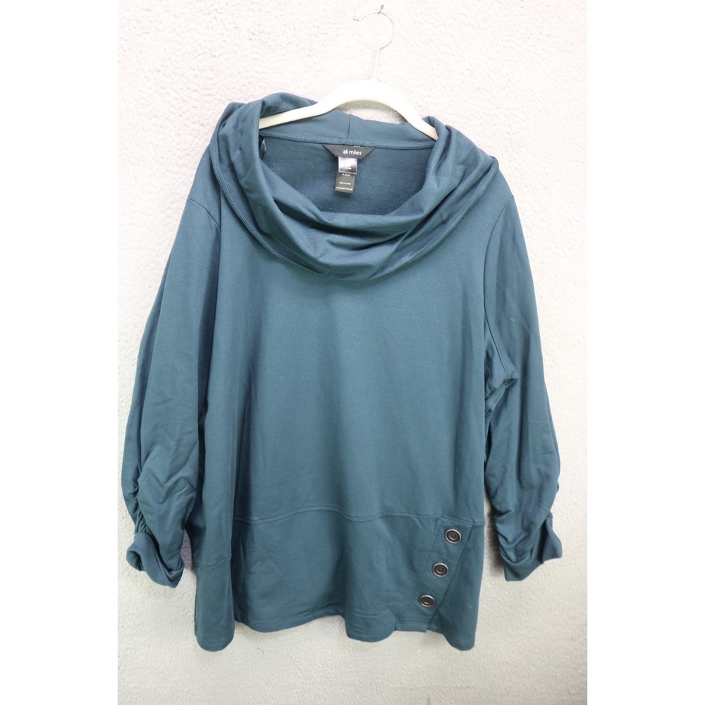Ali Miles Long Ruched Sleeve Cowl Neck Tunic-1X-Minimalist-Preppy-Stretchy Knit